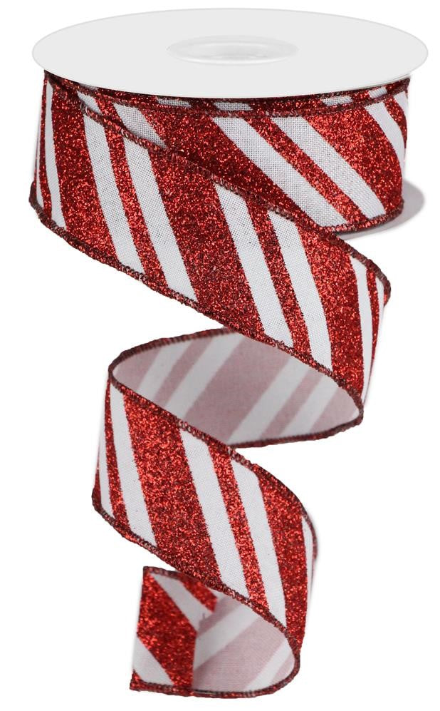1.5" White with Red Glitter Stripe Ribbon - Designer DIY