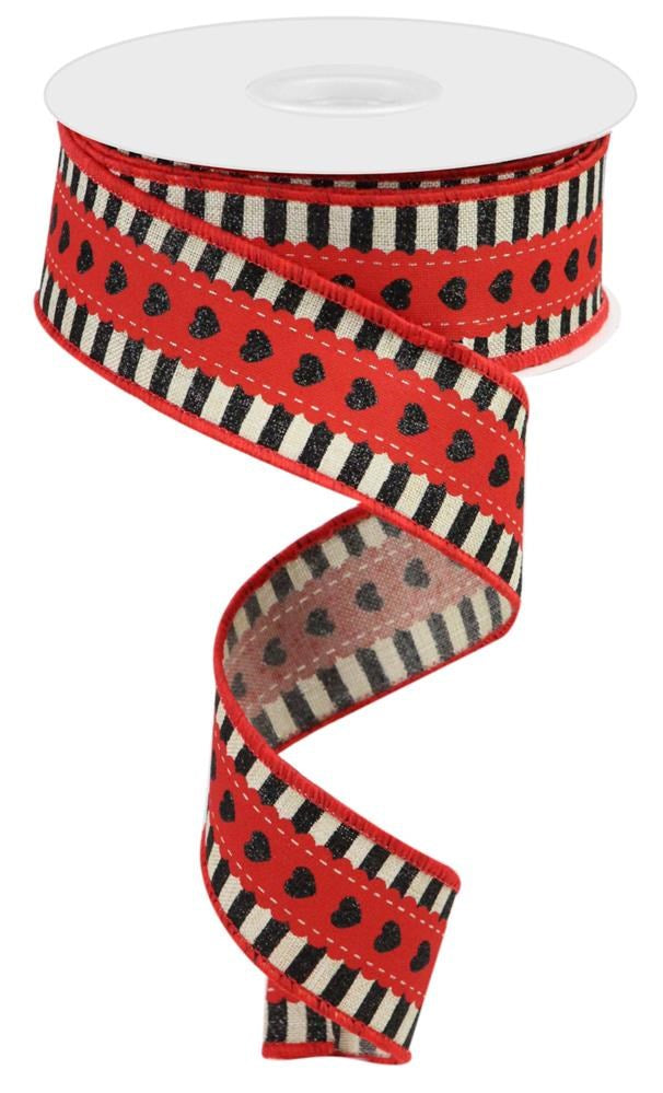 1.5" Heart Stripe Ribbon | Red & Black - Designer DIY