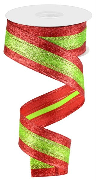 1.5" Red & Lime Glitter Stripe Ribbon - Designer DIY