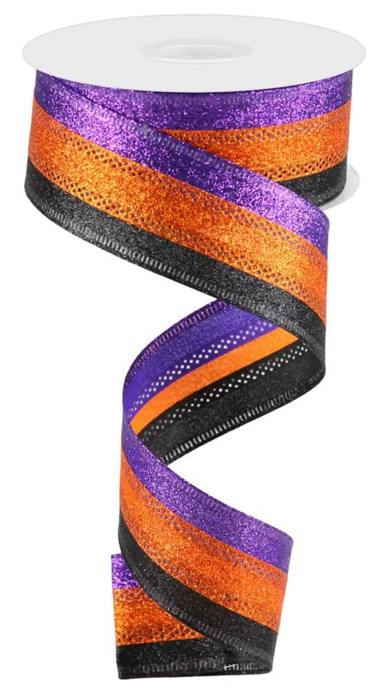 1.5" Purple, Orange, Black Glitter Stripe Ribbon - Designer DIY