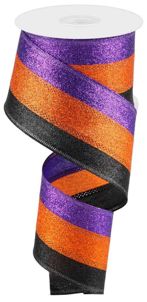 2.5" Purple, Orange, Black Glitter Stripe Ribbon - Designer DIY