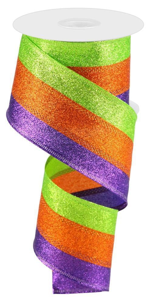 2.5" Purple, Orange, Lime Glitter Stripe Ribbon - Designer DIY