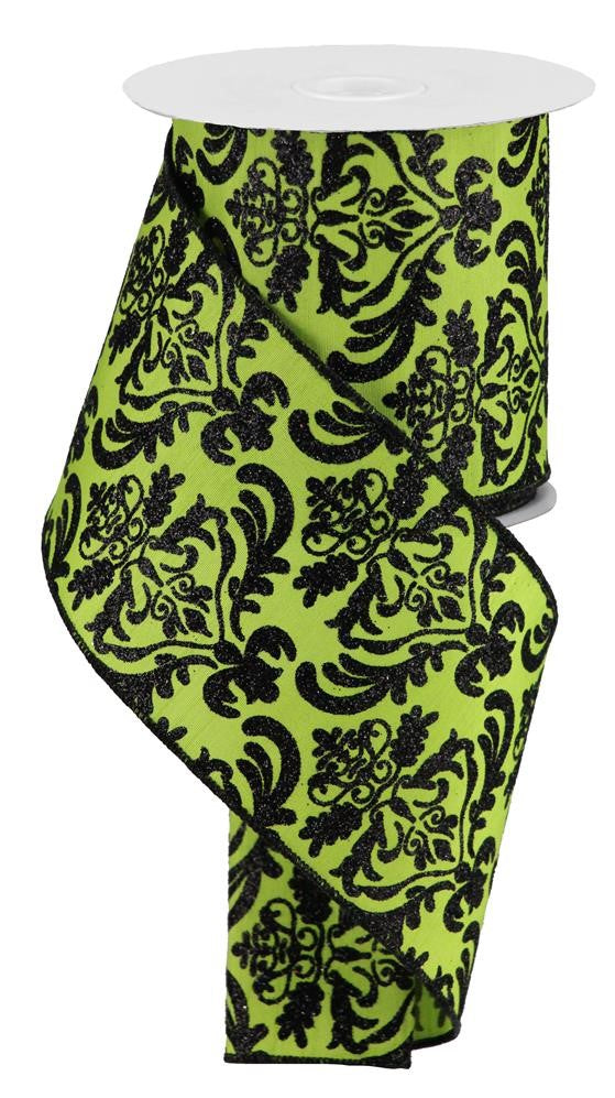 4" Lime with Black Glitter Damask Ribbon - Designer DIY