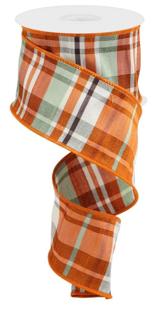 2.5" Orange and Sage Plaid Faux Dupioni Ribbon - Designer DIY