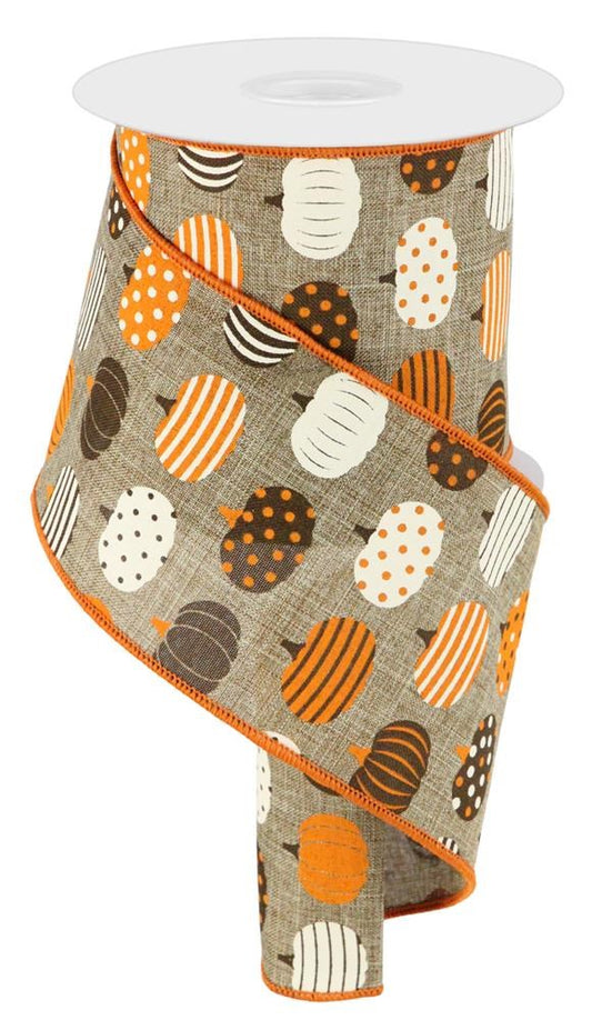 4" Patterned Pumpkin Ribbon | Brown, Orange, Cream - Designer DIY