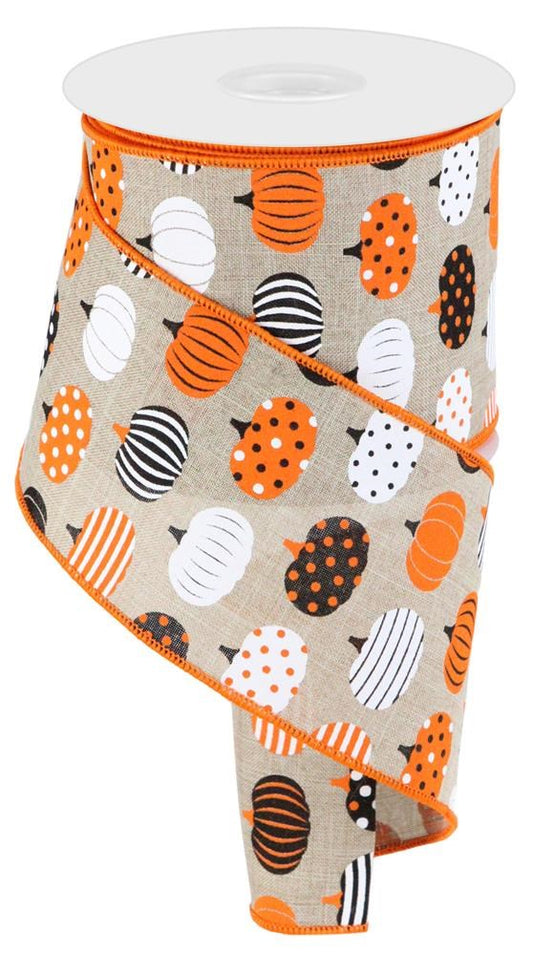 4" Patterned Pumpkin Ribbon | Orange, Black, White - Designer DIY