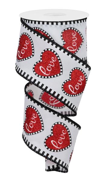 Valentines 1.5 by 2 yd Wired Ribbon Shiny Red Glitter Hearts Black White  Trim
