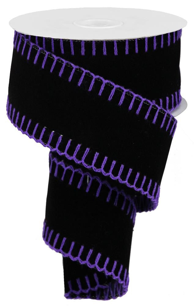 2.5" Black Velvet with Purple Stitch Edge Ribbon - Designer DIY