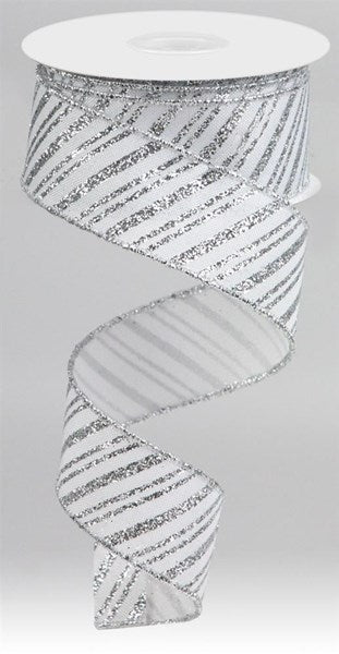 1.5" White with Silver Glitter Stripe Ribbon - Designer DIY