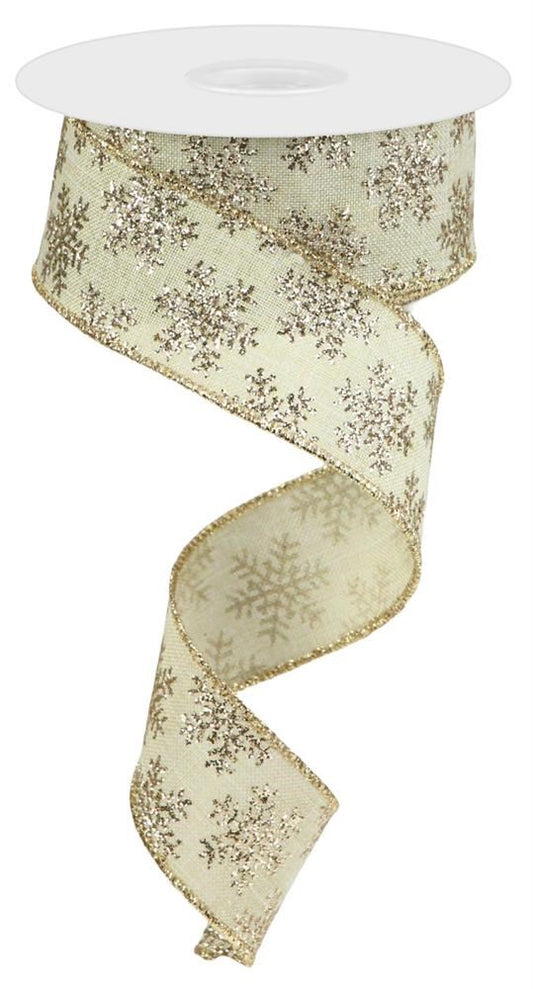 1.5" Champagne Glitter Snowflake Ribbon | Cream - Designer DIY