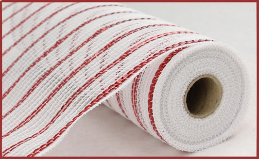10.5" White Faux Jute with Red Foil Stripe Mesh - Designer DIY