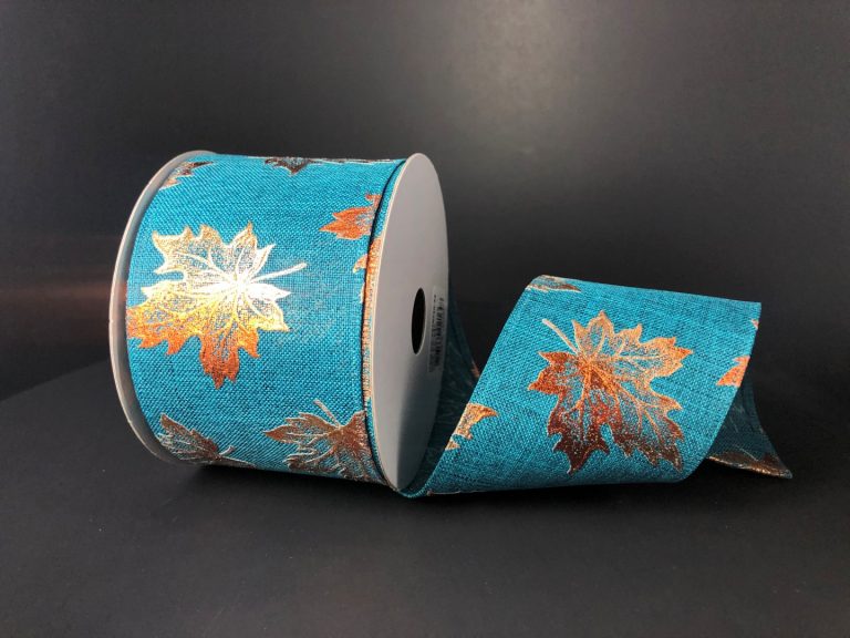 2.5" Teal with Copper Metallic Leaves Ribbon - Designer DIY