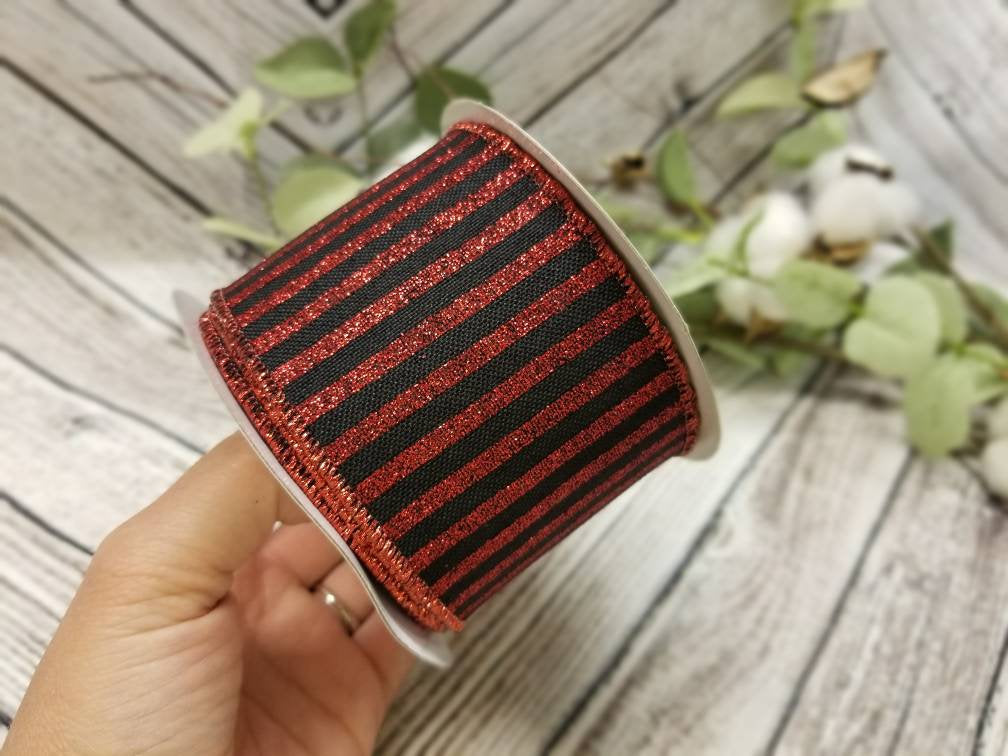 2.5" Black with Red Glitter Stripes Ribbon - Designer DIY