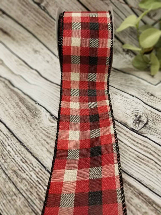 2.5" Red Black and Ivory Plaid Ribbon - Designer DIY