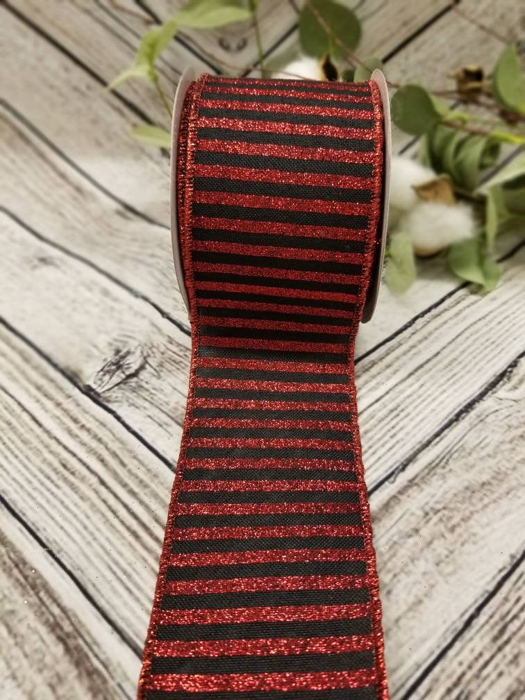 2.5" Black with Red Glitter Stripes Ribbon - Designer DIY