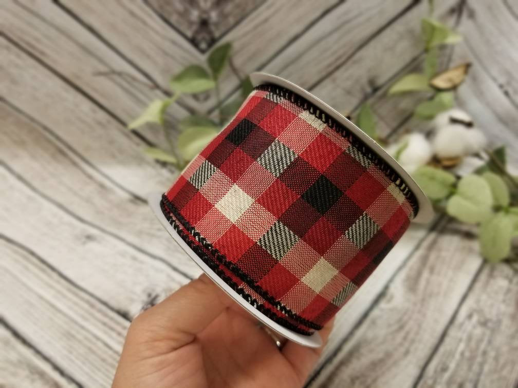 2.5" Red Black and Ivory Plaid Ribbon - Designer DIY