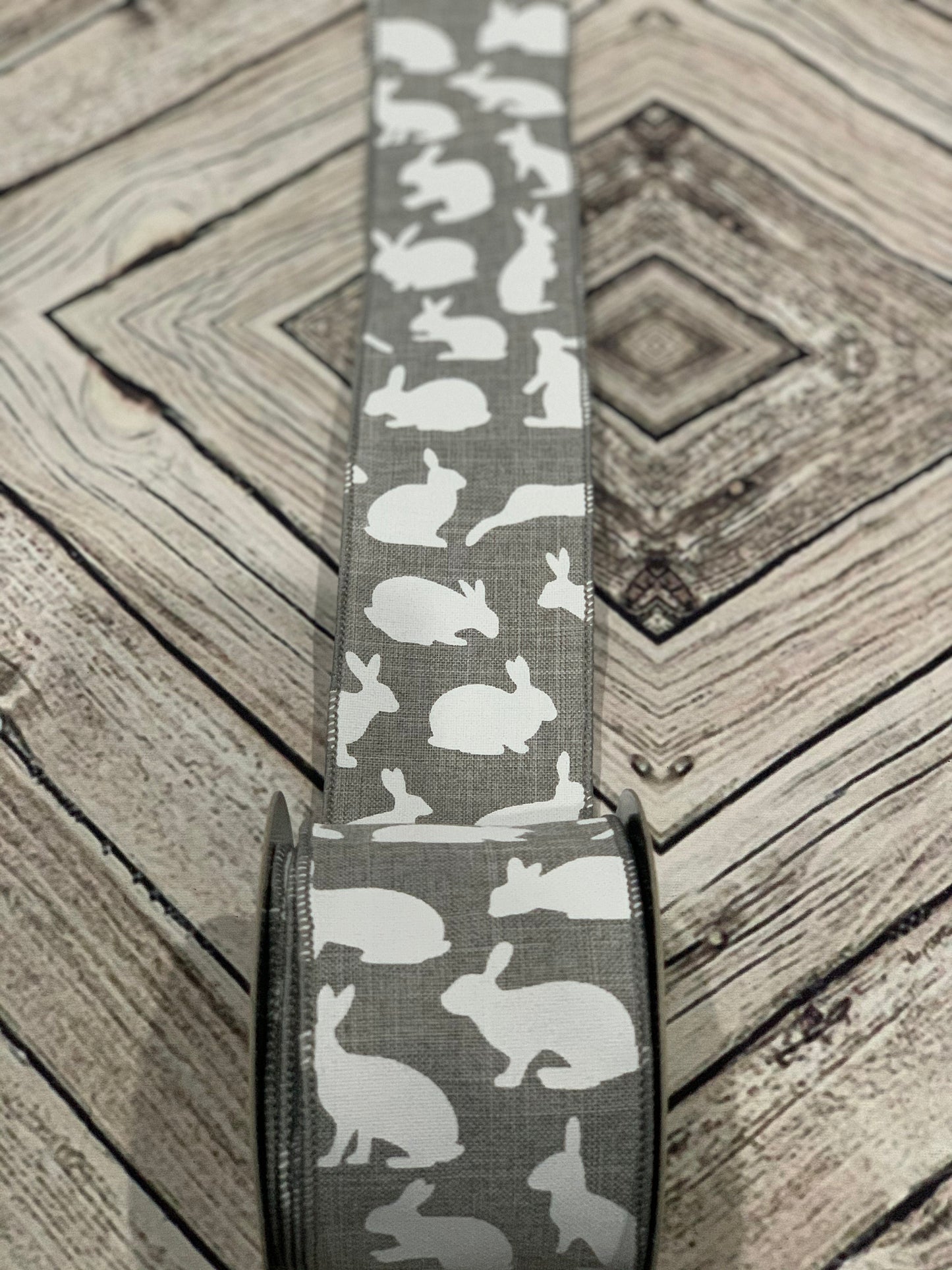 2.5" Gray Linen with White Bunny Rabbit Ribbon - Designer DIY