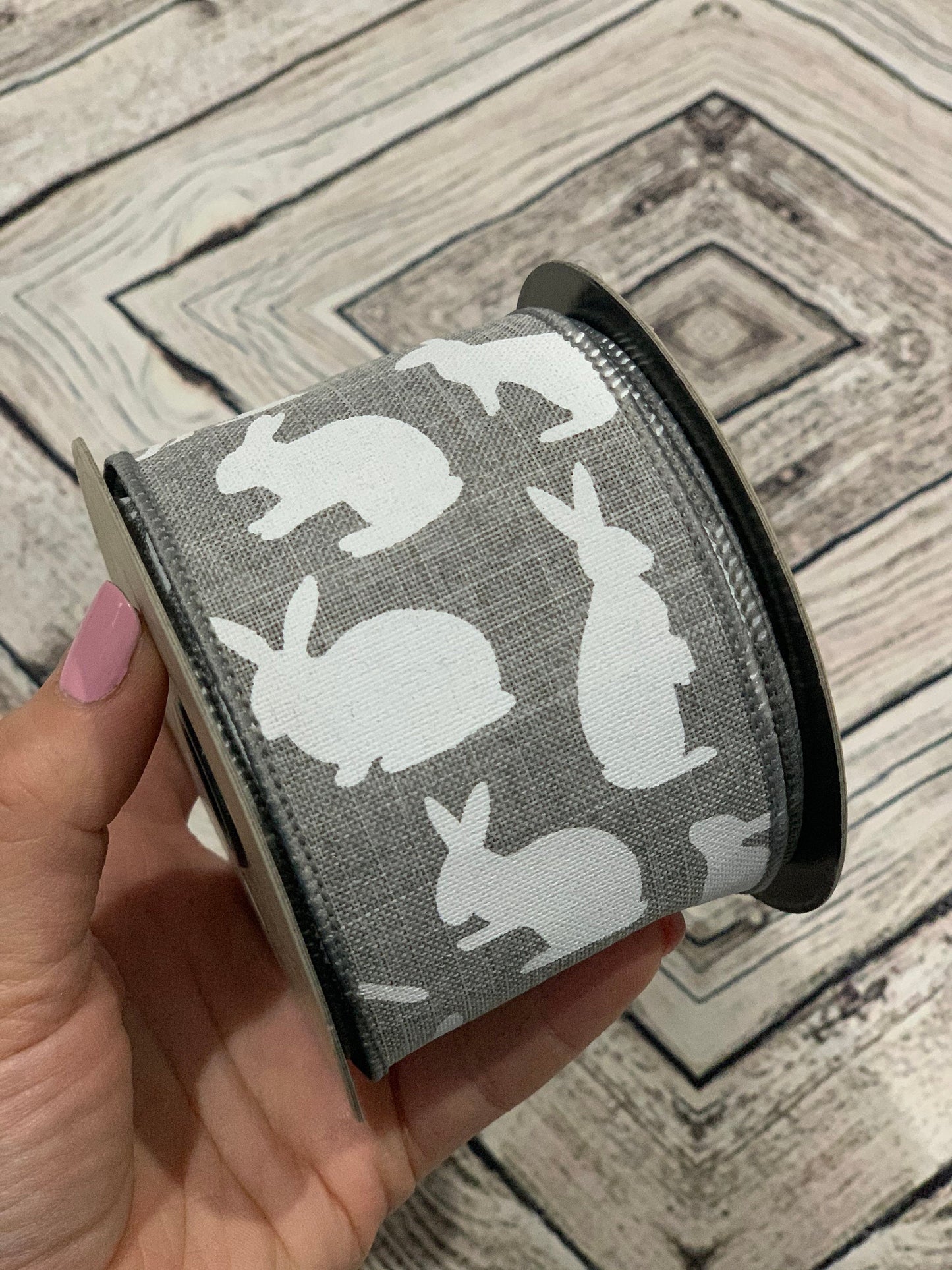 2.5" Gray Linen with White Bunny Rabbit Ribbon - Designer DIY