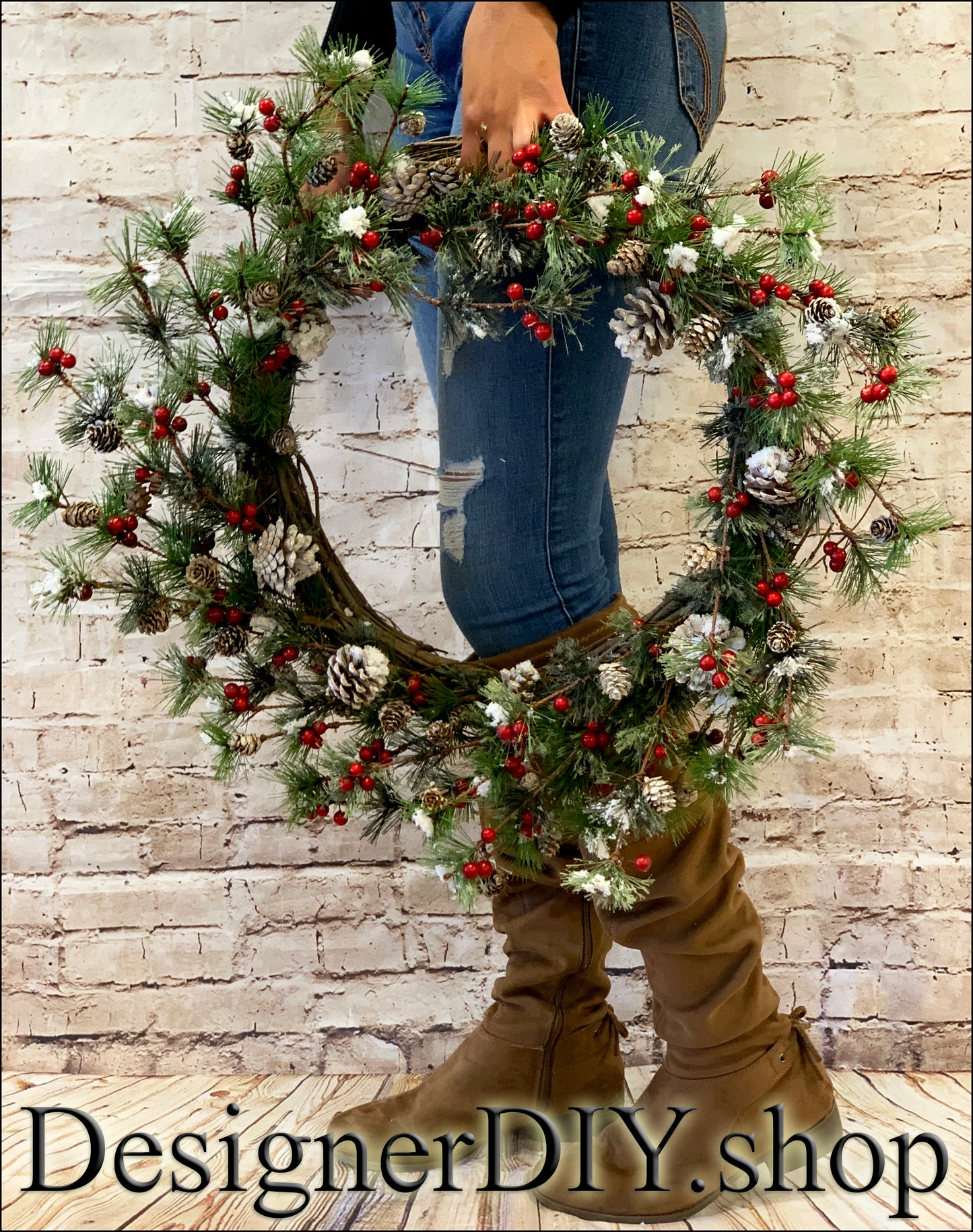 Christmas Pine Wreath | Red Berry & Pine Cones - Designer DIY